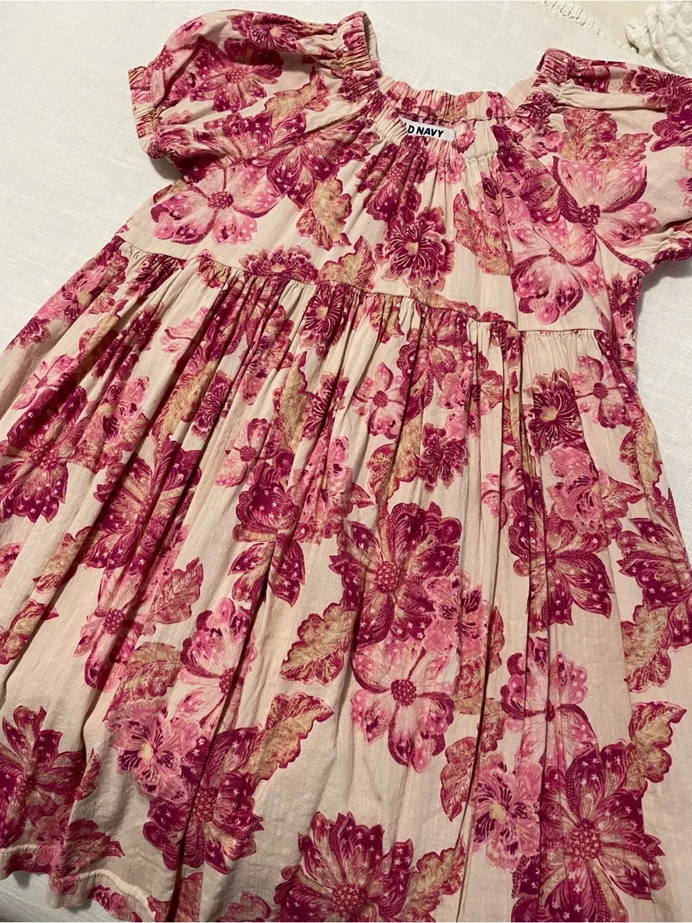 Old Navy Cream Dress with Pink Floral Print and Puff Sleeves